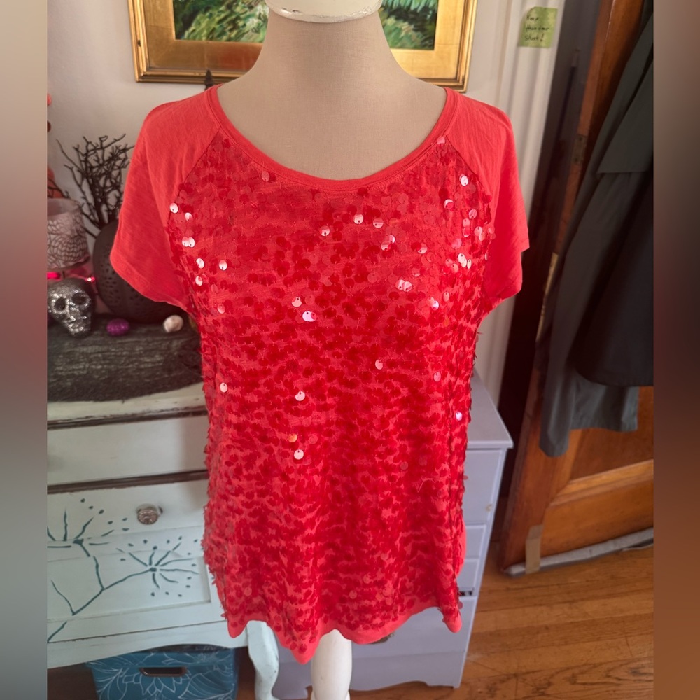 LOFT Women's Sequin Embellished Top Red Large Petite Back Zipper Dressy VGUC